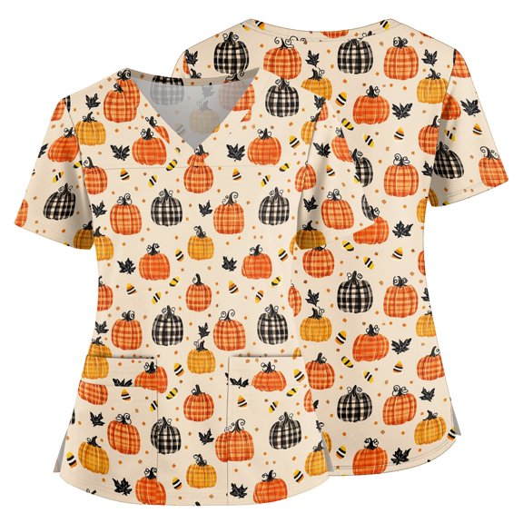 Halloween Scrubs for Women Plus Size Wrinkle-Resist Nursing Uniform Trendy V-Neck Pumpkin Side Slits Scrub Shirt Ultra Soft Short Sleeve Medical Workwear with Pockets Beige 5XL