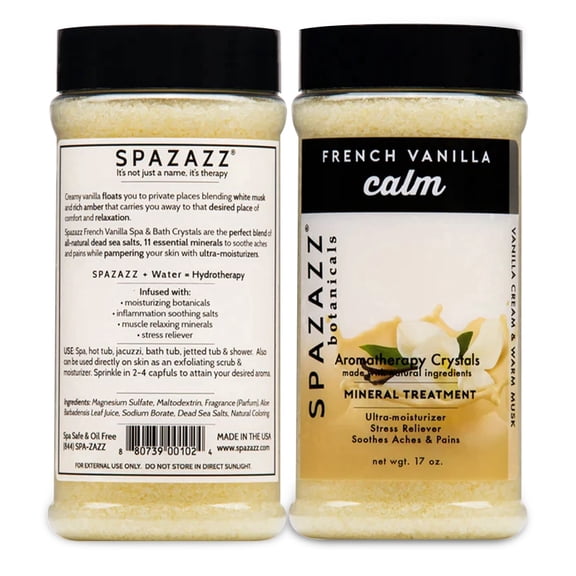 Spazazz Botanicals Aromatherapy Calm French Vanilla Spa and Bath Crystals 17 oz. Crystals and Bath Salts for Hot Tub and Bathtub Spa - Aromatherapy Scented Salts for Relaxation!