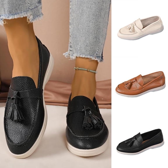BXSRUTA Women's Tassel Loafers Faux Leather Soft Soled Slip on Casual Flat Shoes Everyday Office