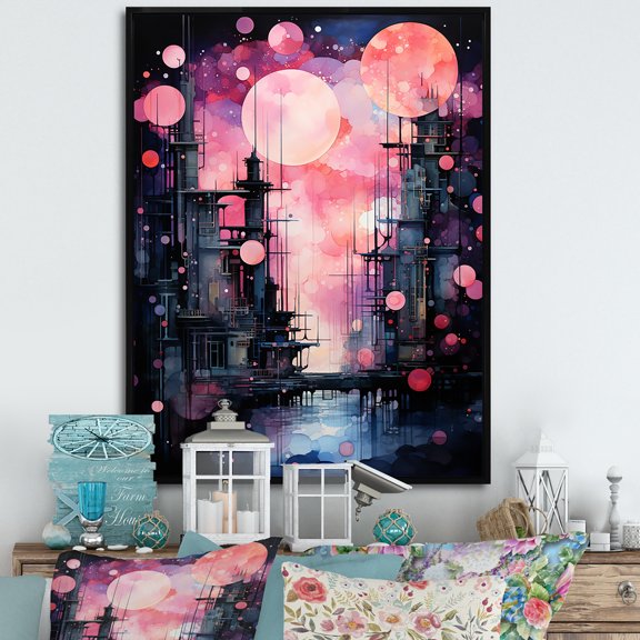 Designart "Luminous Night in Abstract Northern Pink III" Landscapes Framed Wall Art - Traditional Pink Northern Lights Hallway Framed Wall Art Decor