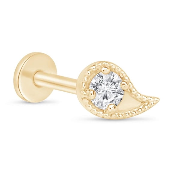 Diamond Teardrop Flat Back Earring for Women Sensitive Ears 14K Solid Gold Cartilage Earring Threaded Conch Tragus Helix Piercing Jewelry Earring for Upper Ear Minimalist SINGLE STUD