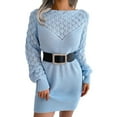 thumbnail image 2 of Ediodpoh Women Fashion Casual Long Sleeve Solid Knit Turtleneck Puff Sleeve Ribbed Short Dress Sweater Dress with Buttons Blue M, 2 of 9
