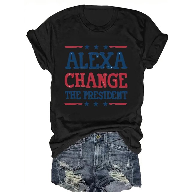 Alexa Change The President Graphic Tee - Women's Casual Crew Neck Short Sleeve T-Shirt, Pink with Bold Letter Print & Stars Design, Lightweight for Summer & Spring, Casual Wear | Slogan Tshirt | Glos