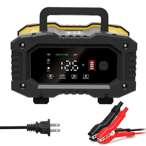 FOXSUR 12V/24V Intelligent Battery Charger Maintainer with Pulse Repair, 10A 6-200Ah Portable Automotive Charger for Car Motorcycle Truck Boat, LCD Display, Temperature Control, Multiple Protections,
