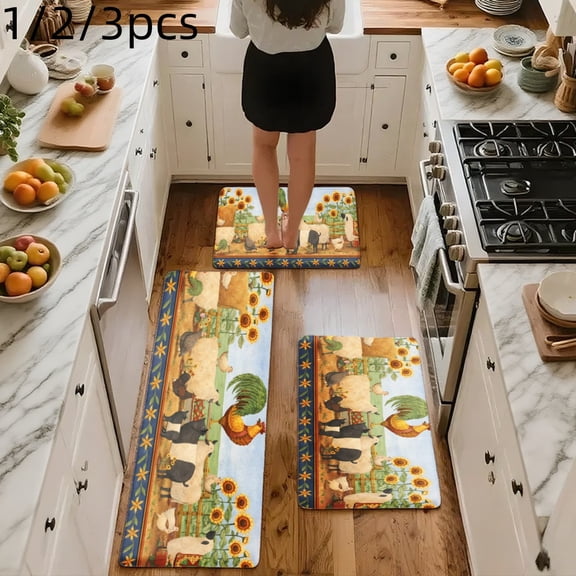 3PCS Mat Set, Welcome Door Rug, Home Decoration for Front Door, Kitchen, Bathroom, Sunflower Cow Rooster Barnyard Farm Scene Pattern Kitchen Mat, Great Gift for Woman.