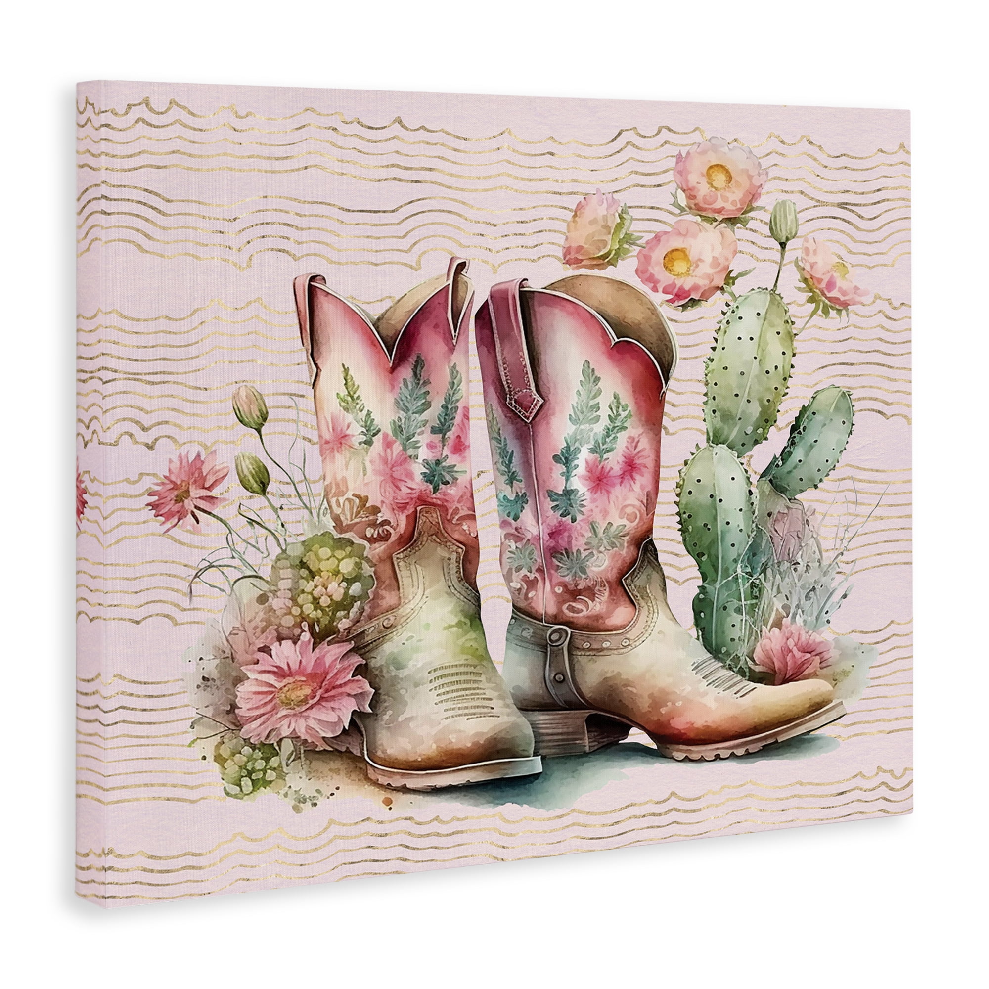 Stupell Industries Country Boots with Cacti Plants & Flowers Painting Wrapped Canvas Art Print Wall Art, 48 x 36