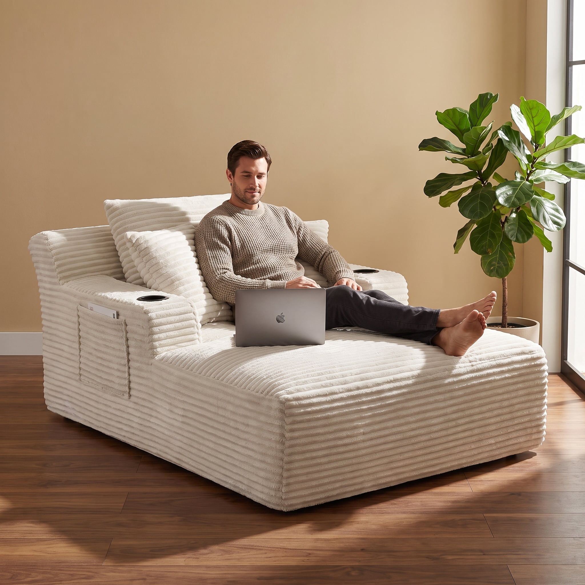 ShiKeyi 66'' Chaise Lounge Chair Indoor, Boneless Sofa Cloud, Plush Corduroy Chaise Couch with Cup Holders, Side Storage Pocket & Pillows, No Assembly Required, Beige