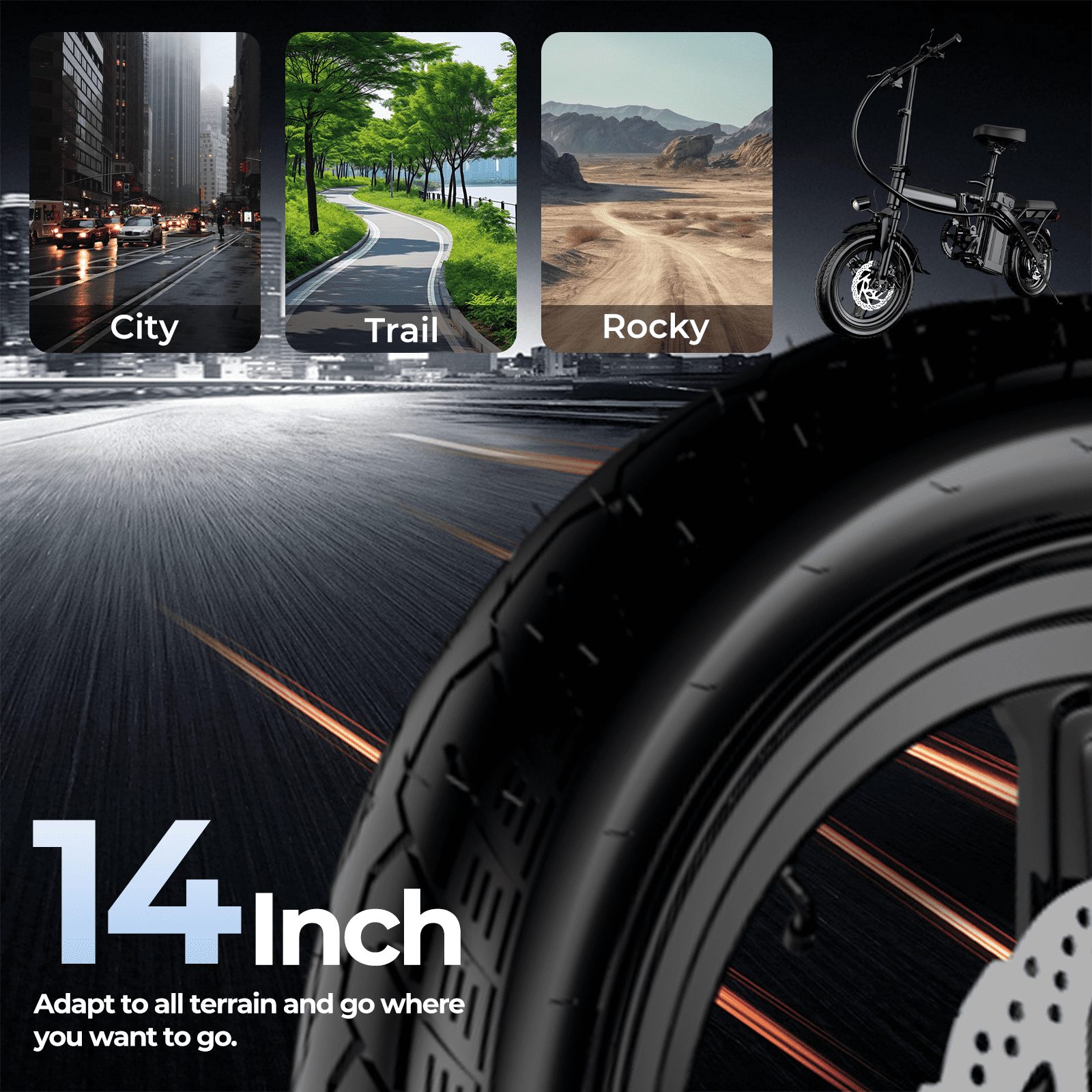 Rexei Yeki 48V 500W Electric Bikes,14" Tires, 20mph, 19-22mi Range, Dual Disc Brakes, Adjustable Seat, Removable Basket, Folding Design.