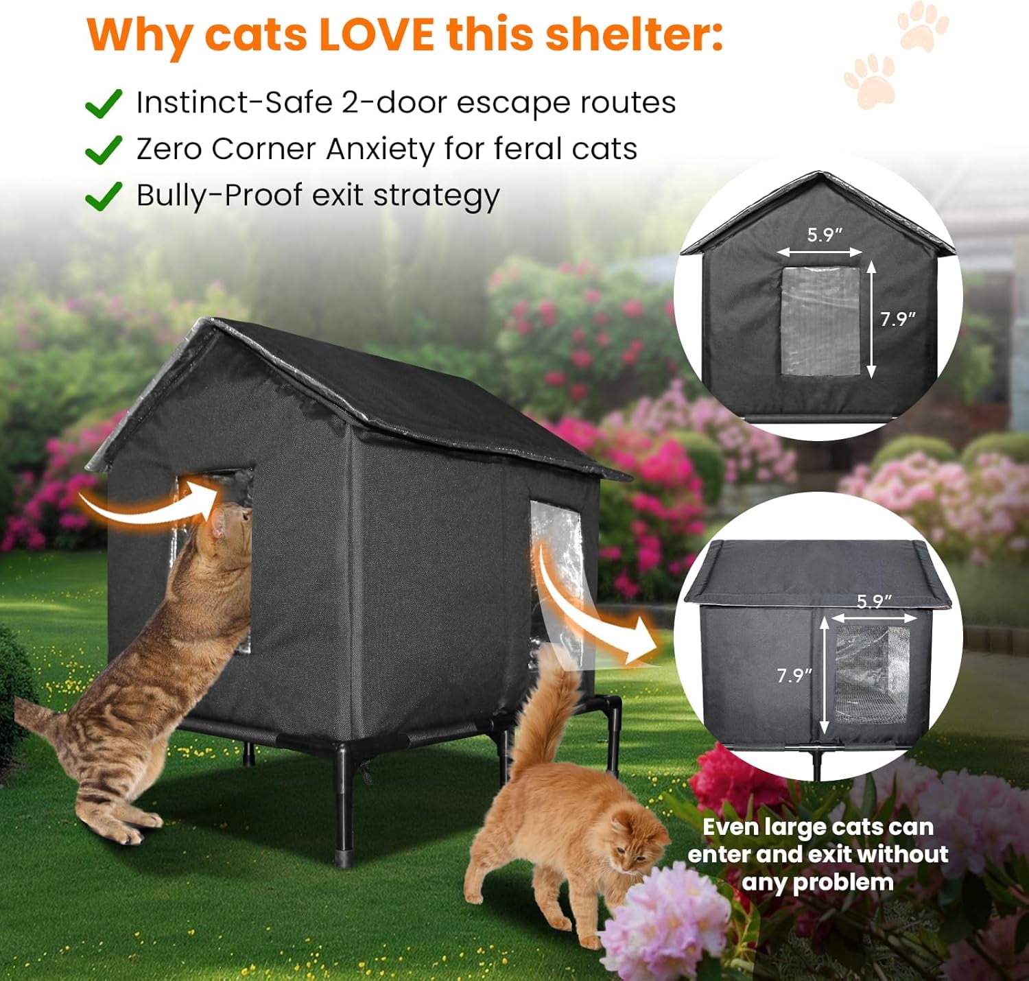 Outdoor Cat House for Feral Cats, Extra Large Insulated Stray Cat Shelter, Weatherproof Elevated Outside Cat and Dog House, Waterproof Cat Tent Pet House for Winter and Summer
