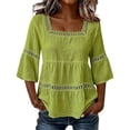 thumbnail image 2 of Ladies' Summer Solid Color Neck Cotton Linen Lace Trim Patchwork Three Quarter Short Sleeve Top Short Sleeve T Shirt, 2 of 5