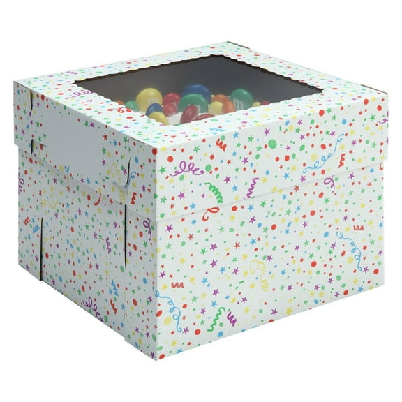 W PACKAGING WPCKB148PB 14x14x8 White/Kraft Party Print 8" Deep Cake Box W/Window, E-Flute Pack of 25