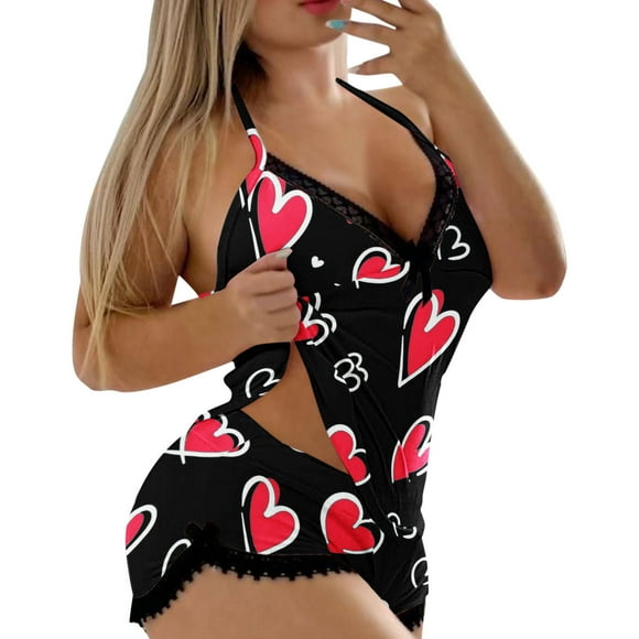 WEAIXIMIUNG Valentine's Day Womens Sexy Camisole Printing Shorts 2 Piece Set Sleepwear Lace Backless Trim Lingerie Hot Pants Suit