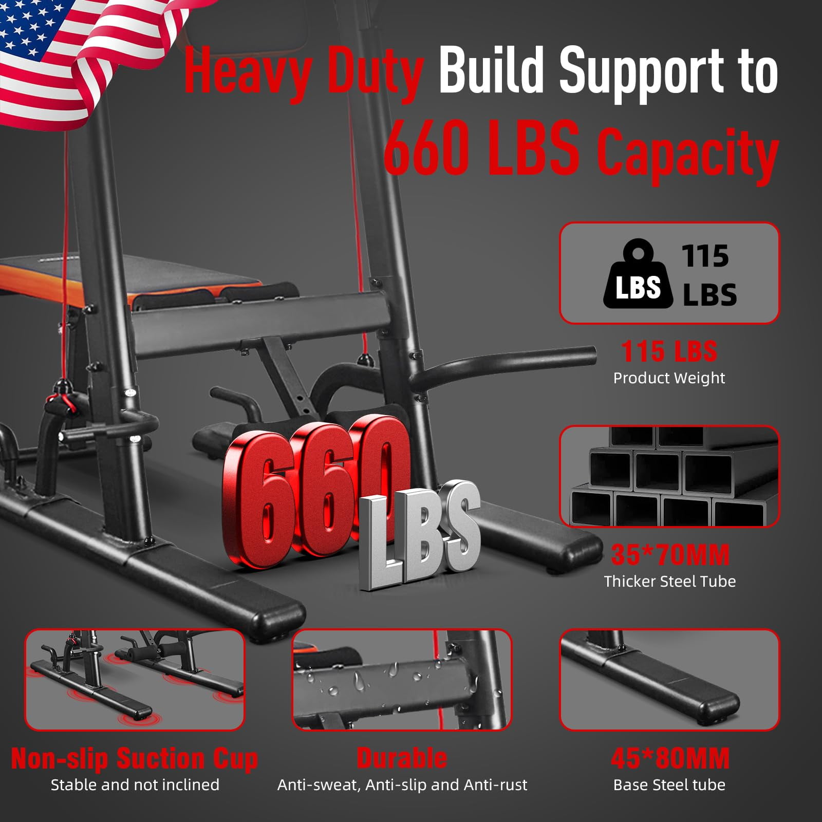 HARISON Multifunction Power Tower with Bench Pull Up Bar Dip Station, Squat Rack with 660LBS Capacity for Home Gym, Workout Strength Training Equipment