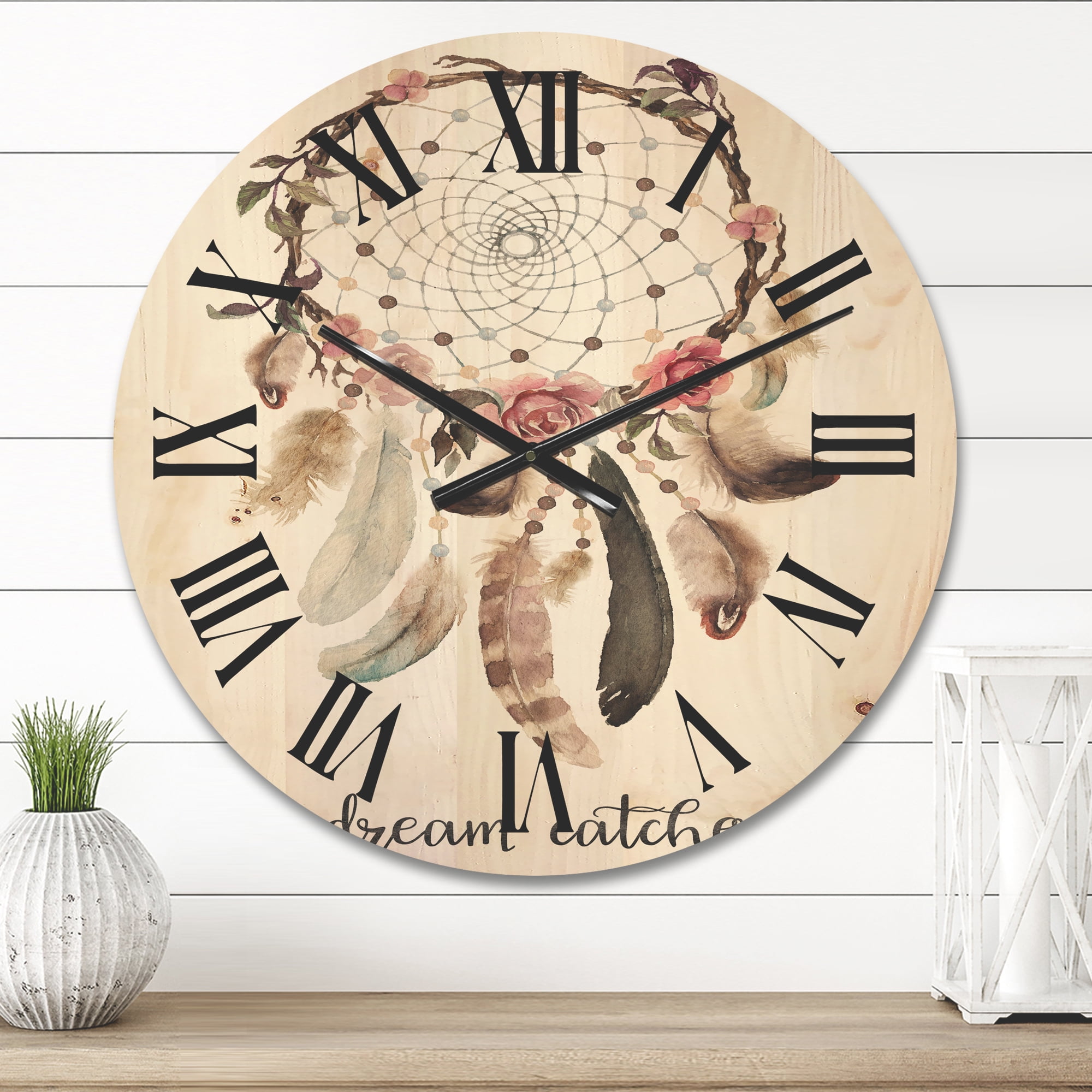Designart 'Dream Catcher Made With Ethnic Feathers' Bohemian & Eclectic Wood Wall Clock