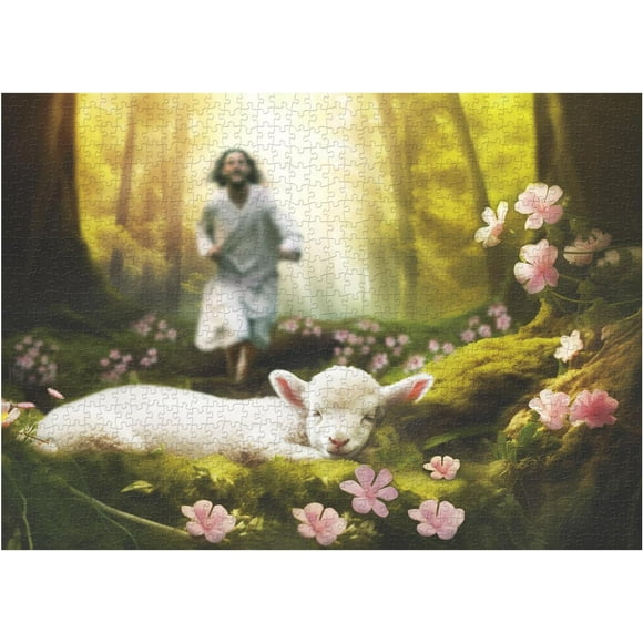 Jigsaw Wooden puzzle 500 pieces Jesus Christian Puzzles for Adults , Religious Forests, Flowers Lamb Sheep Puzzle as Christian Art Decor