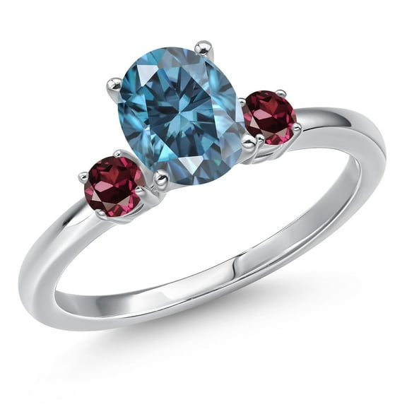 Gem Stone King 14K White Gold Persian Blue Moissanite and Red Rhodolite Garnet Engagement Ring for Women | 1.62 Cttw | Oval 8X6MM | Gemstone Birthstone | Size 5