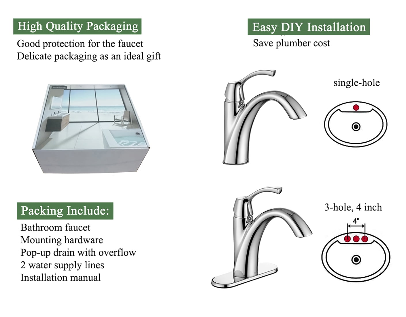 TimeArrow Chrome Bathroom Faucet, Single Handle Bathroom Sink Faucet for 1 Hole with 3 Holes Deck Plate, Lavatory Vanity Faucet, Pop Up Drain and Water Supply Lines Included, TAF206-CP