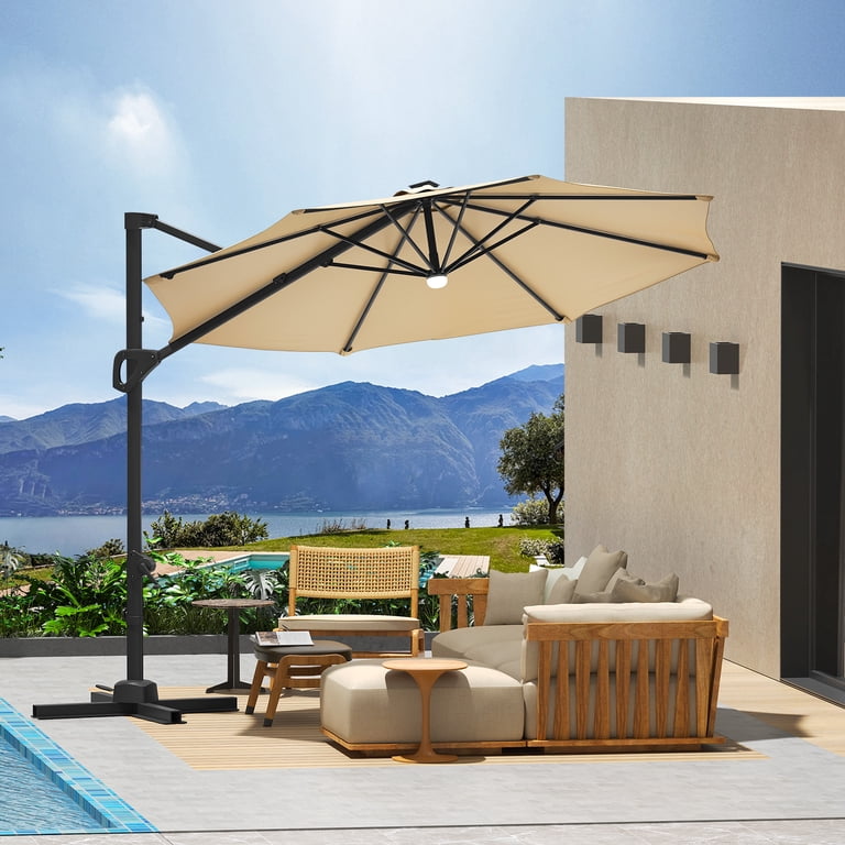 10 ft tiltable cantilever patio umbrella 10ft Cantilever Umbrella with Solar Light & Rotation, Dark Blue