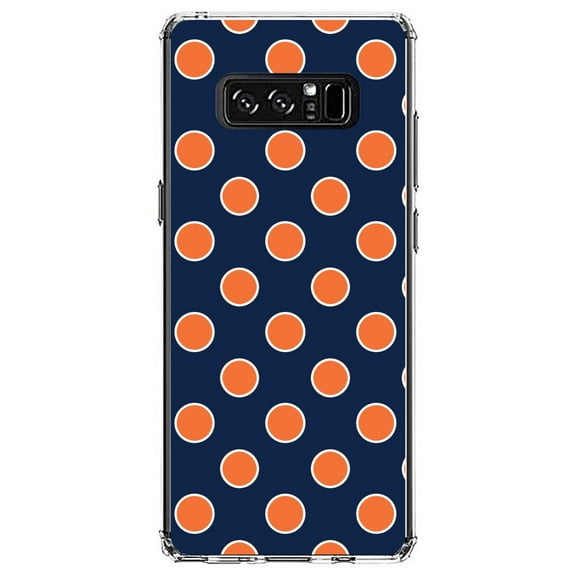 DistinctInk Clear Shockproof Hybrid Case for Samsung Galaxy Note 8 - TPU Bumper, Acrylic Back, Tempered Glass Screen Protector - Navy Orange White Polka Dots