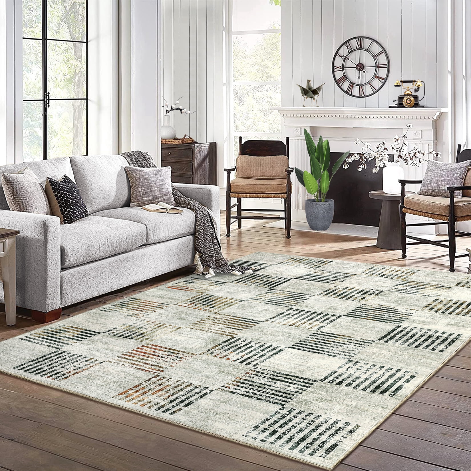 Hasoo Modern Washable Area Rug 8' x 10' Rugs for Dining Room Abstract Geometric Pattern Carpet, Beige Multi Color