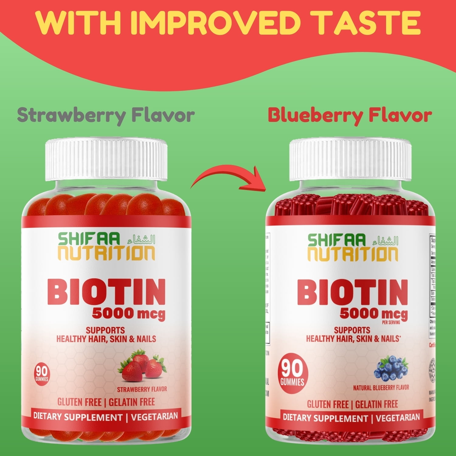 Vegan High Potency Hair Growth Biotin Gummies 5000 mcg For Women Kids Men | 90 Ct, 45 Servings, Non-GMO | Hair, Skin and Nails Gummy Vitamins & Prevents Hair Loss | Halal Vitamins | SHIFAA NUTRITION