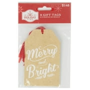 Holiday Time Merry & Bright Brown Kraft Paper Tag, Christmas Tag, 2.5" x 4", 8 Count