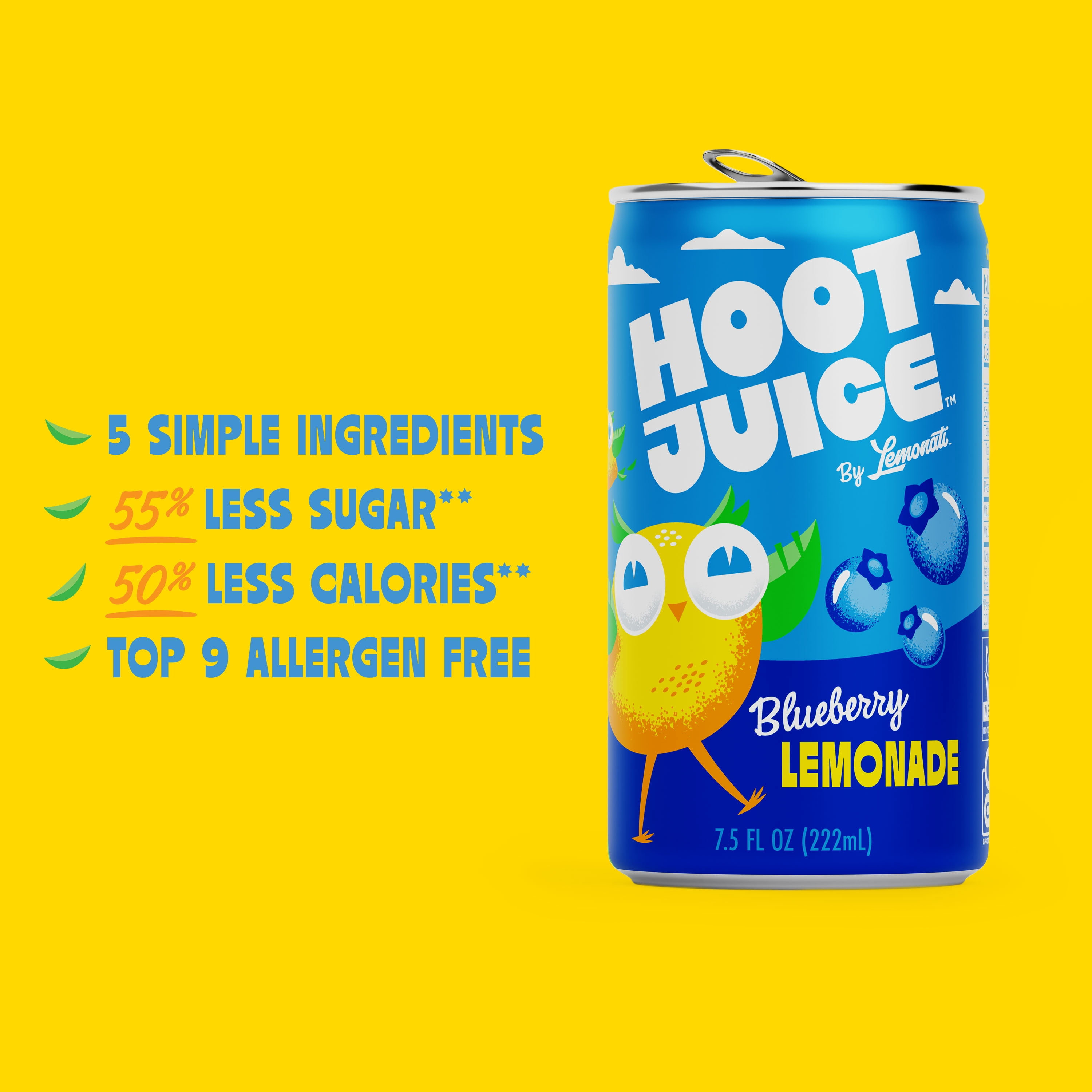 Hoot Juice Blueberry Lemonade, Low Calorie, Low Sugar, Crisp, 24 pack, 7.5 fl oz cans