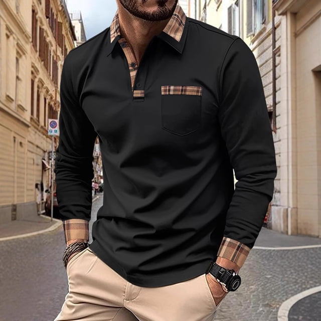 Blusa y camisa de manga larga con cuello vuelto para hombre, informal, a la moda, con botones y solapa, transpirable, de poliéster