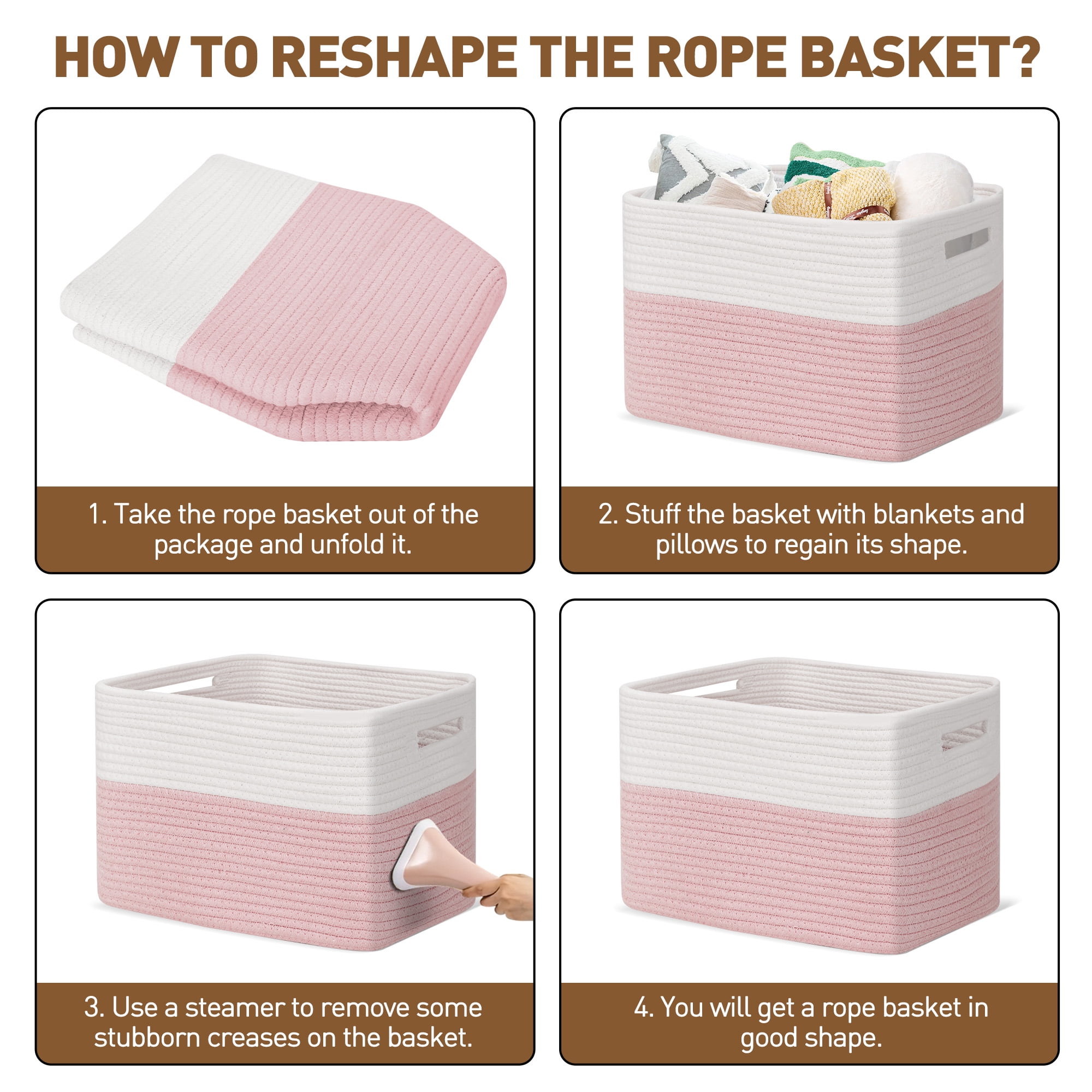 3 Pack Storage Basket, 11"x11"x9" (18L) Rectangle Woven Baskets for Storage, Cotton Rope Basket for toys, Towel Baskets, Closet Organizer Bins Shelves Organizer, Decorative Basket (Pink& White)