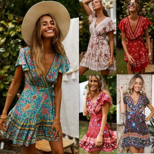 Women Short Sleeve Wrap Boho Floral Mini Dress Ladies Summer Holiday Sundress