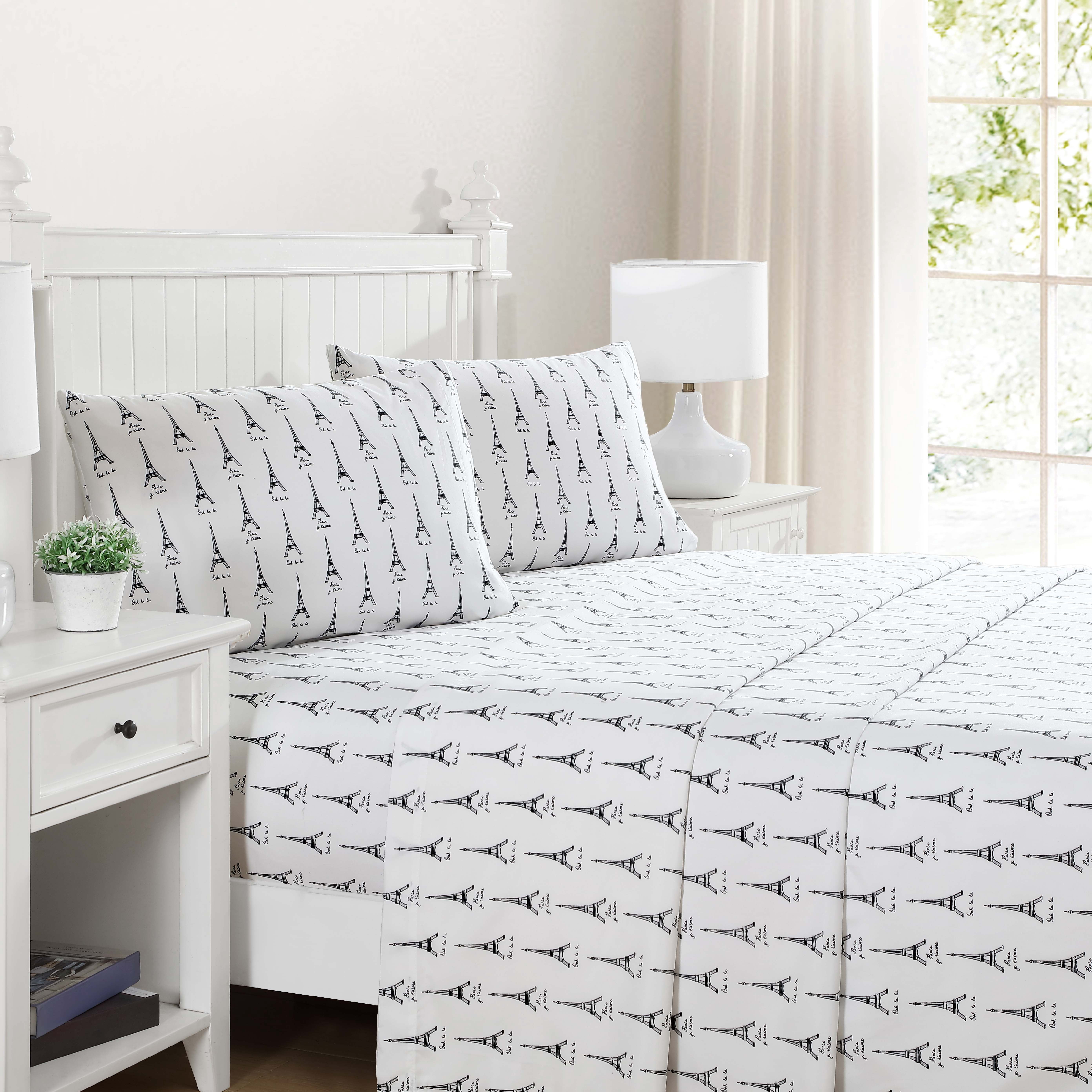 Beatrice Home Fashions, Whimsical Print 4PC Sheet Set, Full, Paris White