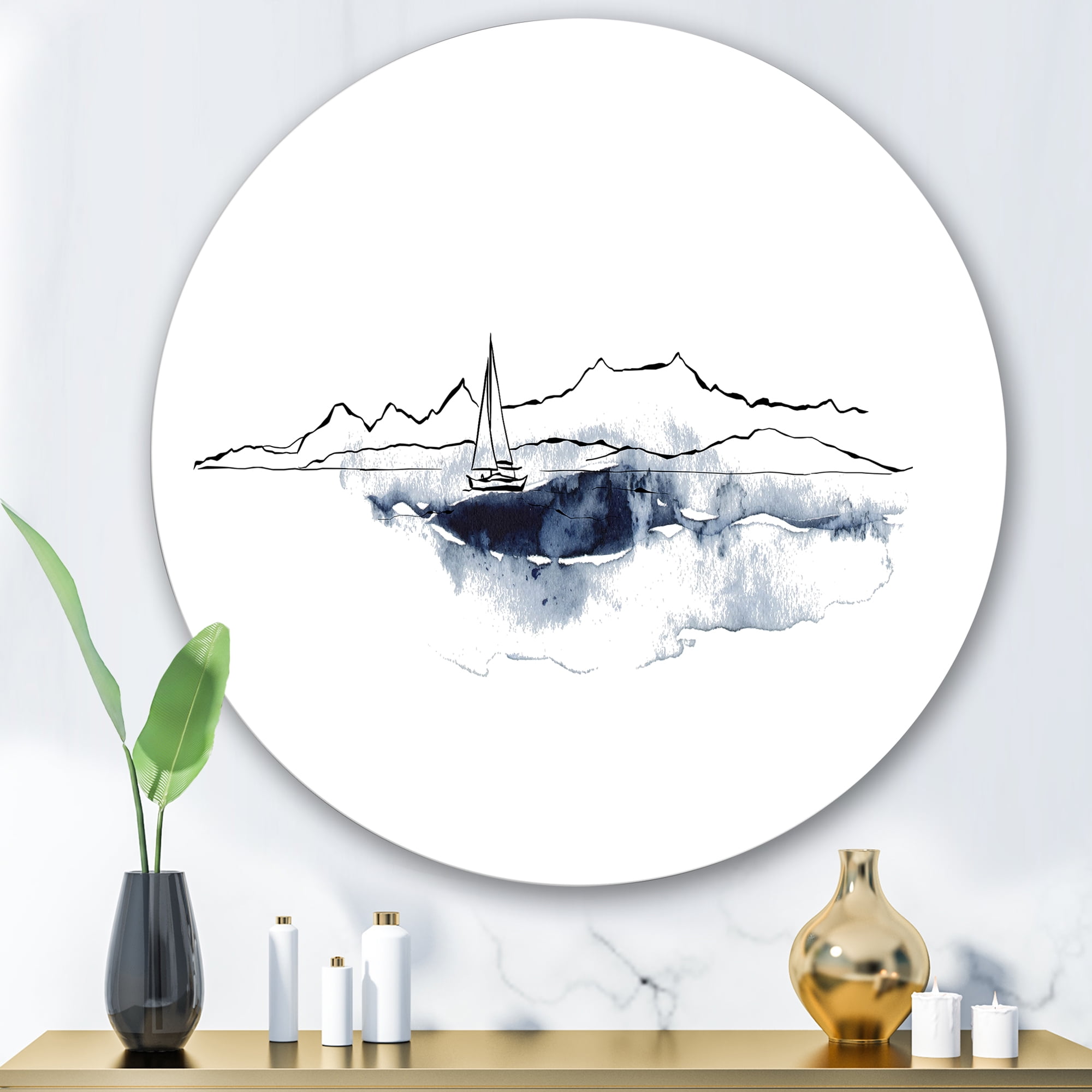 Designart 'Minimalistic Seascape With Boat and Black Mountains' Nautical & Coastal Circle Metal Wall Art 29x29 - Disc of 29