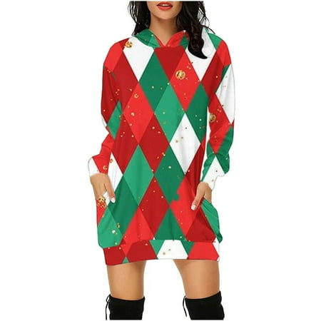 VALMASS Oversized Hoodie for Women Christmas Graphic Full Sleeve Loose Long Hoodies Color Striped Sweatshirts Pockets (S  A Red)