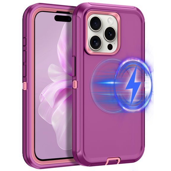 I-HONVA For iPhone 15 Pro Max Case Compatible with MagSafe,3-Layer Military Grade Drop Protection Anti-Slip Rugged Shockproof Dustproof Protection 6.7 inch Phone Case,Purple Pink