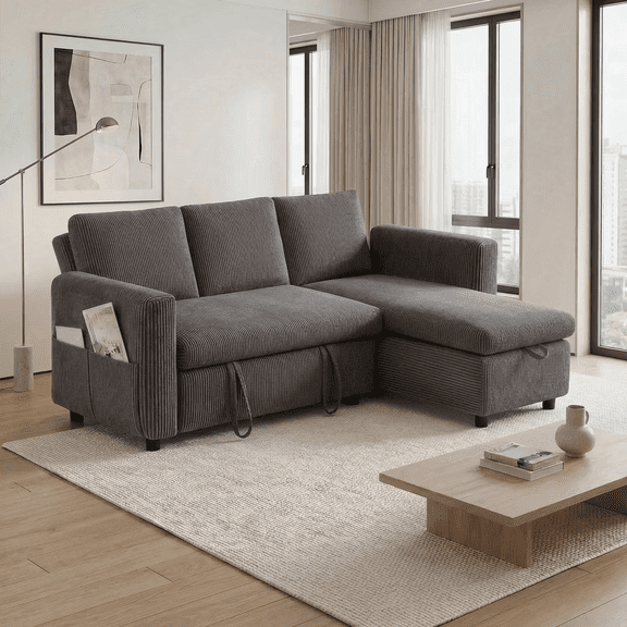 81" Gray Corduroy L Shaped Sectional Sleeper Sofa Bed with Pull Out Bed 4 in 1 with Storage Chaise,USB Ports,Side Pocket