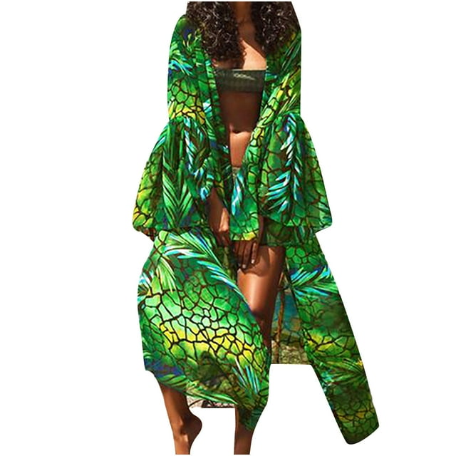 Pompotops Robe Cardigan à Manches Lanternes Imprimé Ample d'Été pour Femmes