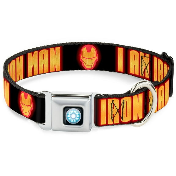 Marvel Comics Pet Collar, Dog Collar Metal Seatbelt Buckle, Iron Man Face I Am Iron Man Black Yellow Glow, 15 to 24 Inches 1.0 Inch Wide