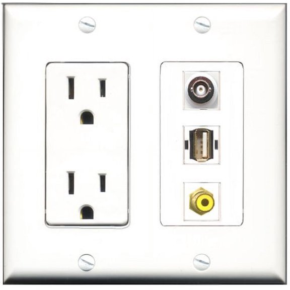 RiteAV - 15 Amp Power Outlet 1 Port RCA Yellow 1 Port USB A-A 1 Port BNC Decorative Wall Plate