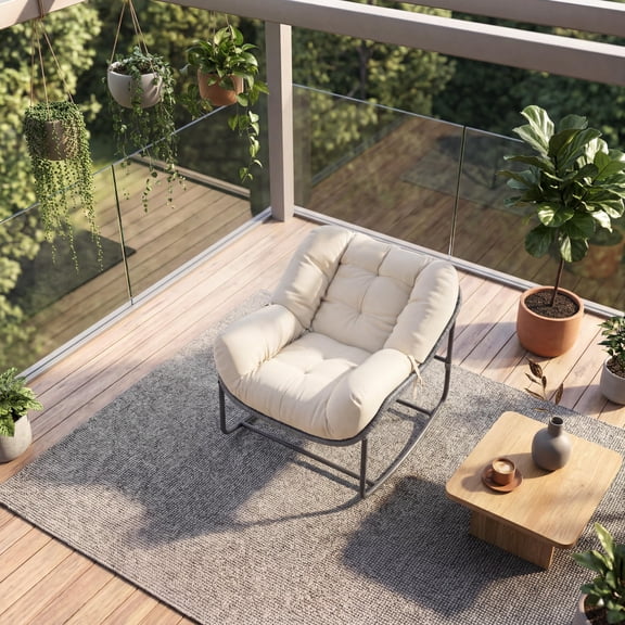 Outdoor Lounge Rocking Chair, Iron Frame Patio Rocker Chair with Cushion, Beige Relaxing Chair for Patio, Garden, Balcony