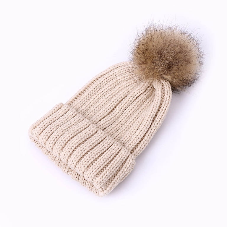 Women\'s Beige Winter Ribbed Beanie Crossed Cap Chunky Cable Knit Pompom Soft Beanie Hats Unisex Winter Ribbed Beanie Crossed Cap Kids  main image 2
