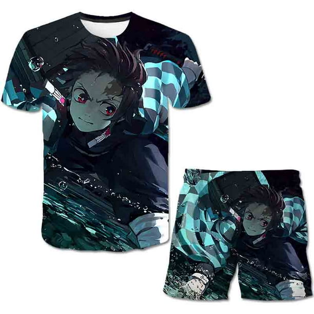 Conjuntos de ropa de Demon Slayer de verano para niños y niñas, camisetas informales estampadas + Pantalones cortos, ropa nueva para niños, 2 piezas/trajes de ocio 5T Gao Jinjia LED