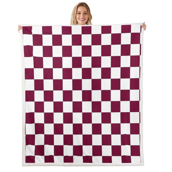 Erosebridal Burgundy Check Plaid Throw Blanket Queen 90"X90" White Red Checkerboard Fleece Bed Blanket,Checkered Grid Sherpa Blanket Teen Adults Aesthetic Geometric Fuzzy Blanket
