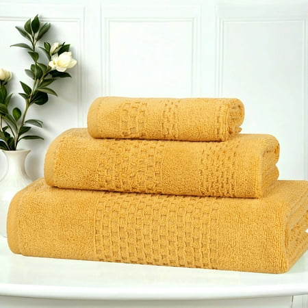 Superior Playa Zero Twist Cotton Solid Waffle Textured 3 Piece Towel Set, Gold