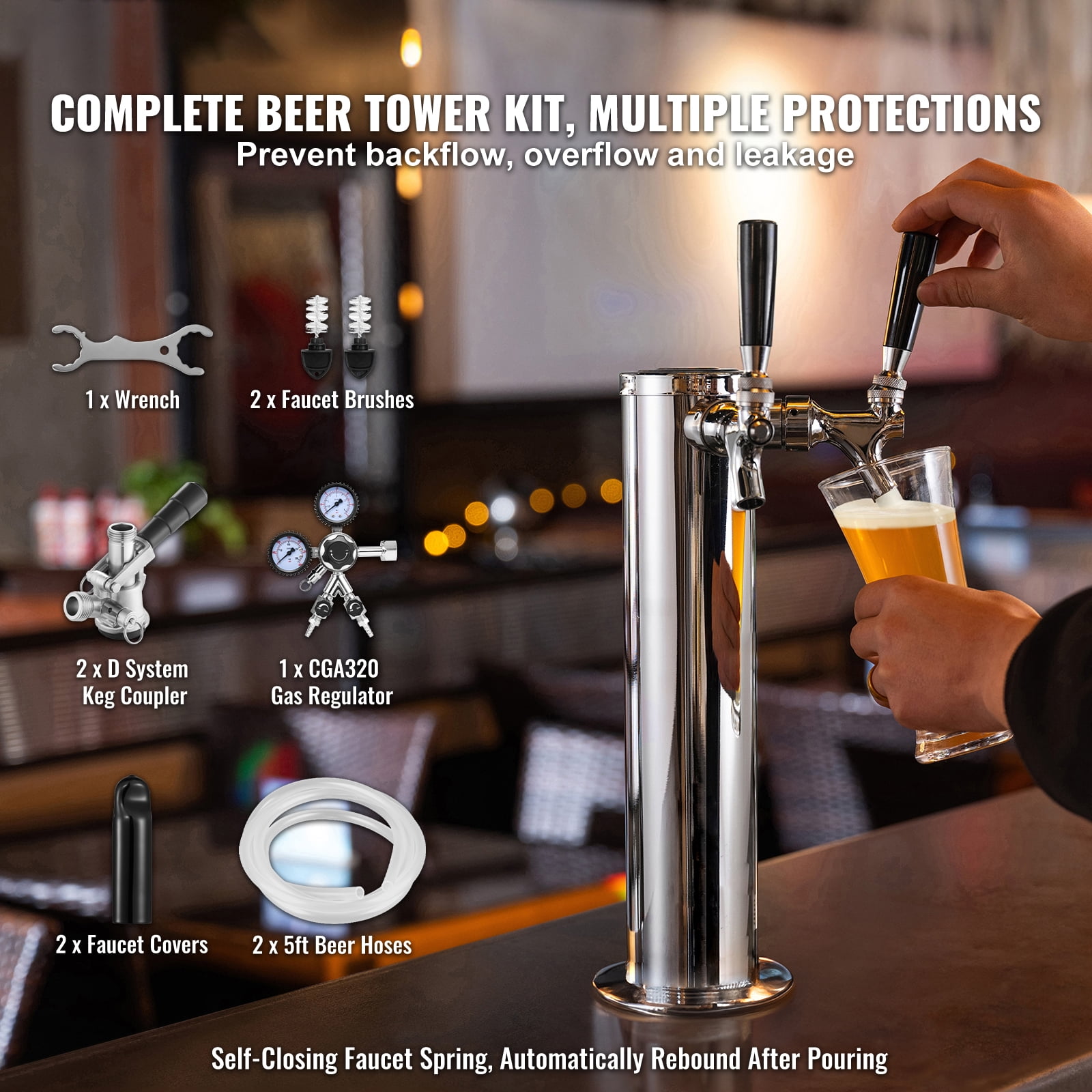 KFFKFF Kegerator Tower Set, Two-Tap Beverage Modification System, Metallic Keg Beverage Tower Distributor with Dual Indicator CGA320 Controller & D-System Keg Connector, Auto-Shut Spring
