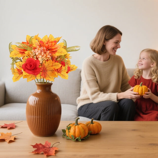 Ramo de flores de hojas de arce artificiales de otoño | Corona de calabaza de Acción de Gracias | Plástico multicolor, 35cm | Tallos decorativos realistas | Centro de mesa de otoño | Duradero