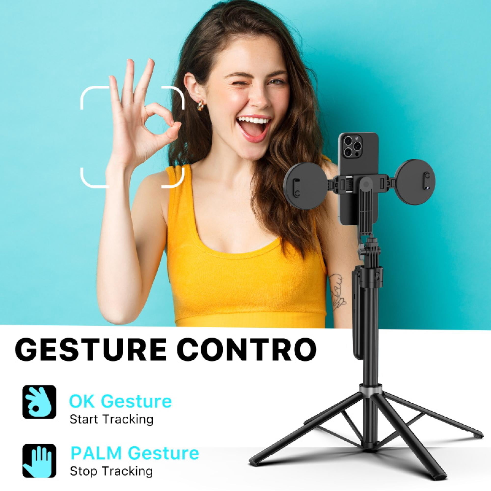 Smart Auto-Tracking Selfie Tripod with Wireless Remote & Dual Ring Lights – 360° Rotation, Face Tracking No App Need