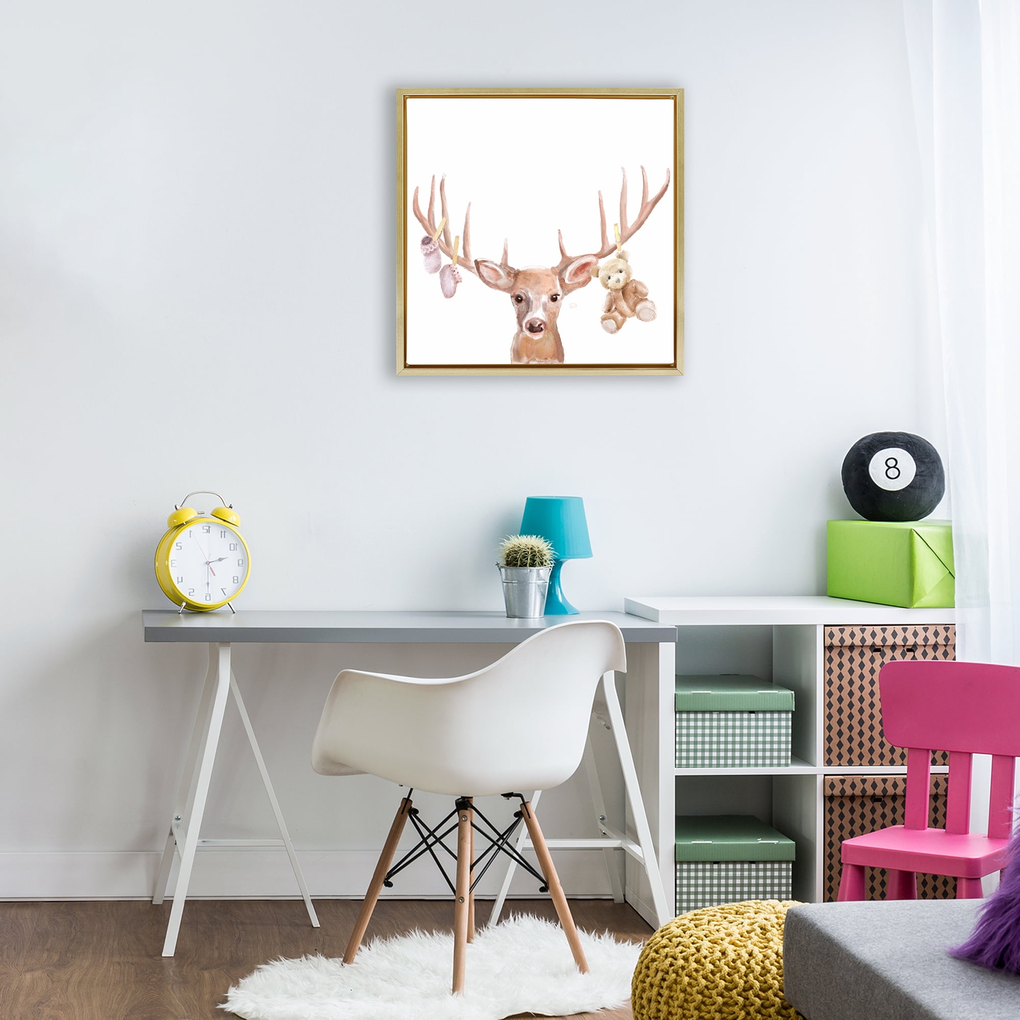 Stupell Industries Baby Girl Deer Antlers Gold Framed Floater Canvas Wall Art, design by Ali Lynne