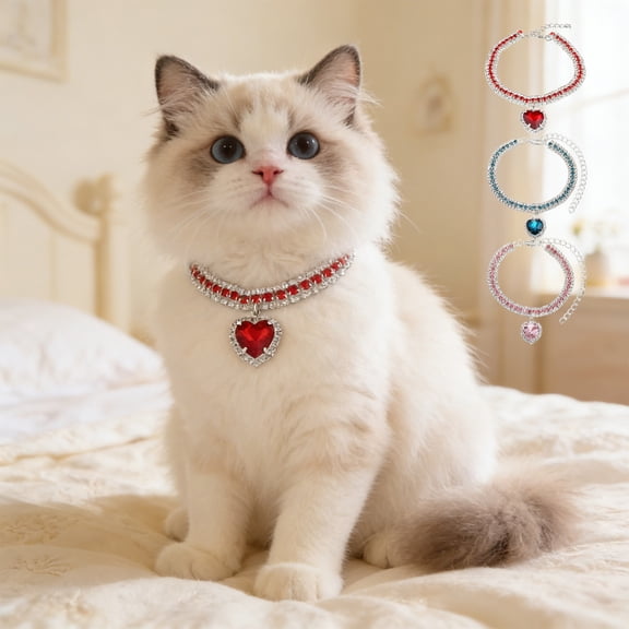 Aoznliie Dog Rhinestone Cat Collar, Adjustable Bling Crystal Pet Necklace with Heart Pendant for Small Medium Pets Party Wedding, 7.9-11.8 Inches