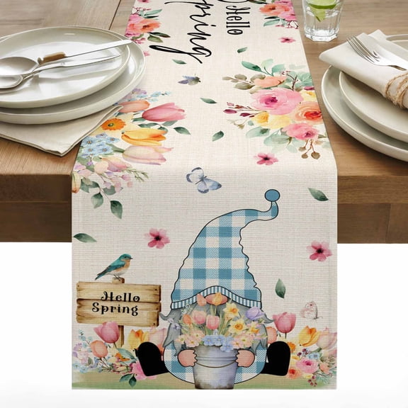 Hello Spring Gnome Cotton Linen Table Runner Country Pink Purple Tulip Flower Gnome Floral Linen Texture Dining Table Runners for Home Decor Party Dining Room Restaurant Kitchen 13" x 36"