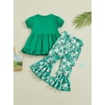 thumbnail image 4 of Suealasg Kid Girls Irish Day Clothes 2Pcs Toddler Baby Girls Summer Outfit Little Girls Short Sleeve Letters Print T-shirt and Shamrock Print Flare Pants Set, 4 of 8